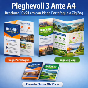 Pieghevoli A4 a 3 ante 10x21 cm | Piega Portafoglio o Zig Zag gr 130 Opaca o Lucida